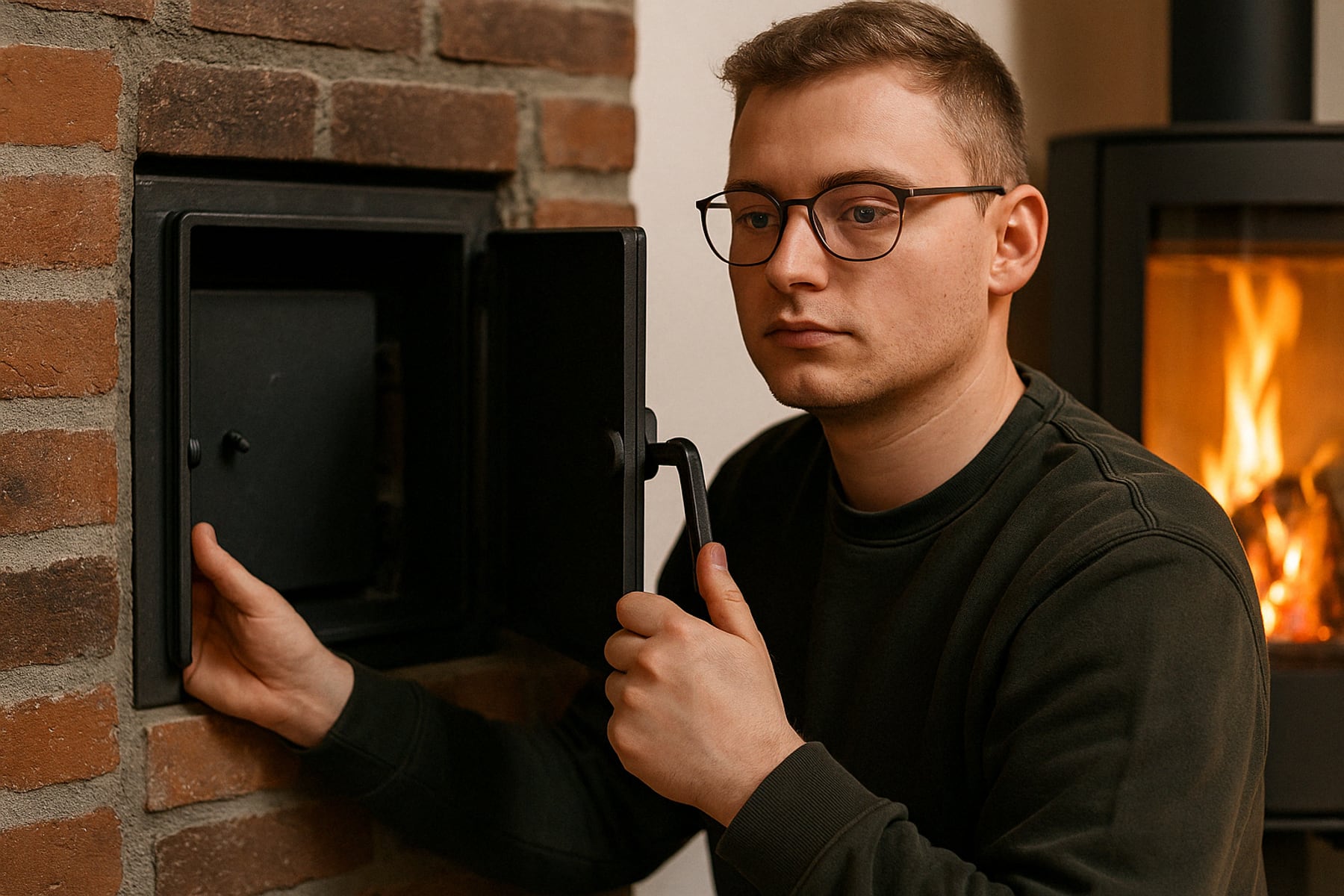 Schornsteinfeger inspiziert Kaminöffnung in Backsteinwand