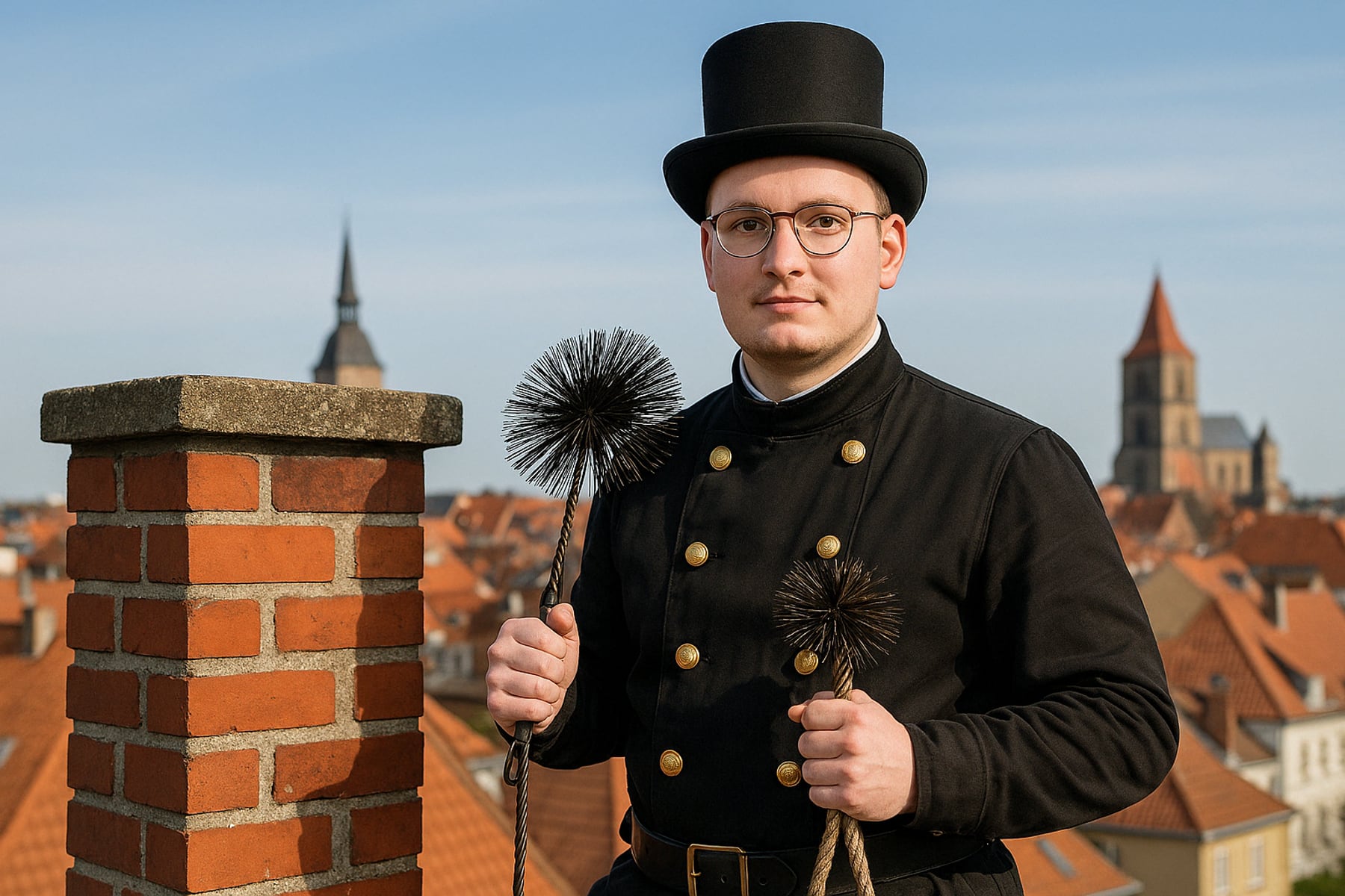 Schornsteinfeger Leon Carl auf Dach mit Rostocks Stadtpanorama